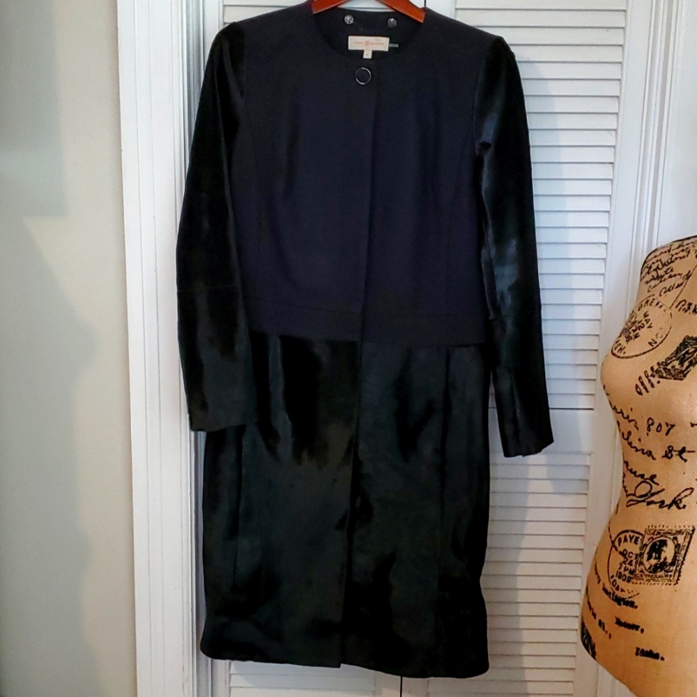 Tory Burch coat black fur and dark blue fabric upper